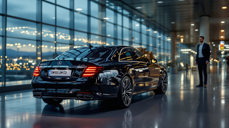 A black 2024 Mercedes S-Class parked at Geneva airport terminal, displaying 'SWISS LIM CO' on the license plates. A chauffeur in a tailored suit stands next to the car, creating an elegant atmosphere. The scene is lit with soft midnight