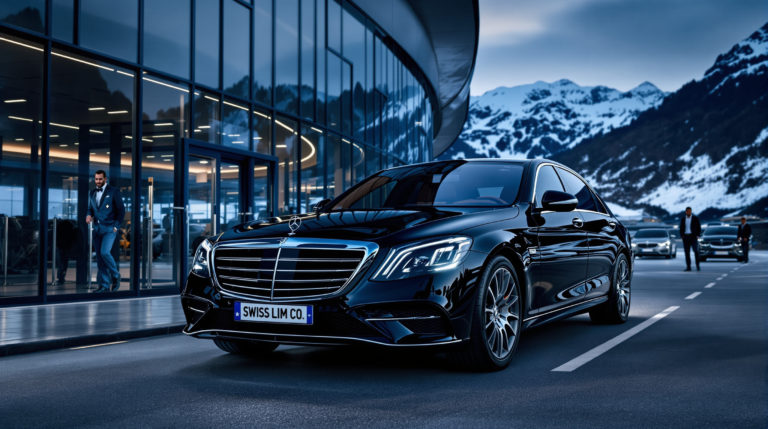 A black 2024 Mercedes S-Class parked at Geneva airport, with a chauffeur beside it, waiting for passengers. The vehicle's white license plate reads 'SWISS LIM CO'. The scene conveys luxury and anticipation, set against cool tones of midnight blue