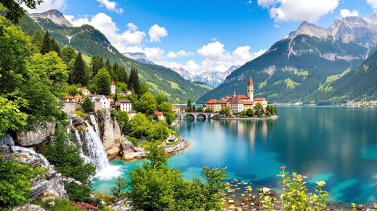 Panoramic view of a serene lakeside near Geneva, showcasing lush green mountains in the background and cascading waterfalls flowing into the lake. A picturesque medieval village is nestled along the shore, illuminated by clear lighting that highlights the natural blues and greens, creating