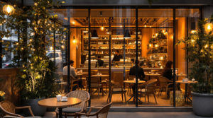 Cozy café scene in Geneva with warm lighting, featuring natural wood furnishings in golden tones. The stylish terrace has patrons enjoying specialty coffee, showcasing intricate latte art. Urban chic decor creates a refined yet casual ambiance, ideal for high-end travelers and locals seeking