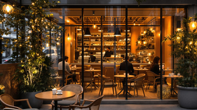 Cozy café scene in Geneva with warm lighting, featuring natural wood furnishings in golden tones. The stylish terrace has patrons enjoying specialty coffee, showcasing intricate latte art. Urban chic decor creates a refined yet casual ambiance, ideal for high-end travelers and locals seeking