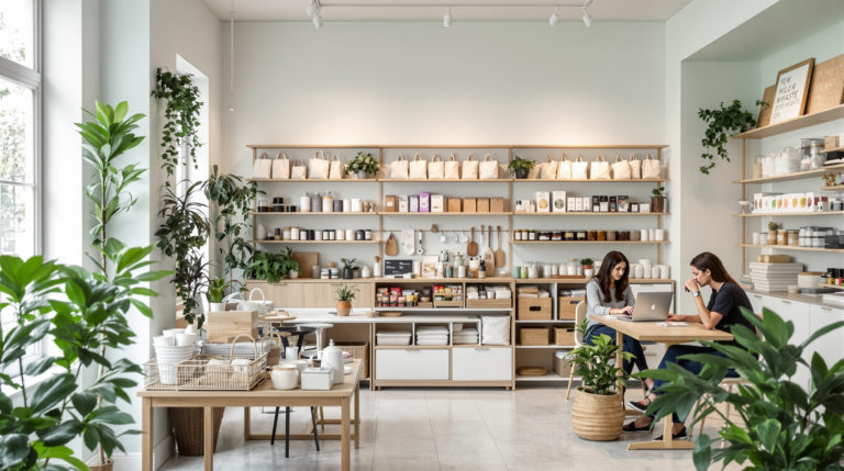 Interior of a trendy zero-waste shop in Geneva, featuring a minimalistic design with mint and light grey colors, white accents, and natural wood elements. Elegant displays of sustainable products like reusable bags and organic packaged goods are visible. Young professionals engage with