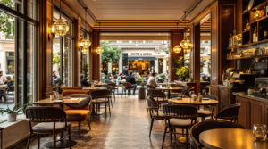 A cozy café interior in Geneva featuring elegant wooden furnishings and warm golden lighting. The inviting terrace shows patrons enjoying beautifully presented specialty coffee with intricate latte art. This serene atmosphere makes it an ideal spot for high-end travelers and locals seeking calm work spots.
