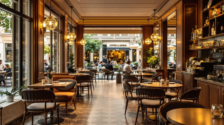 A cozy café interior in Geneva featuring elegant wooden furnishings and warm golden lighting. The inviting terrace shows patrons enjoying beautifully presented specialty coffee with intricate latte art. This serene atmosphere makes it an ideal spot for high-end travelers and locals seeking calm work spots.