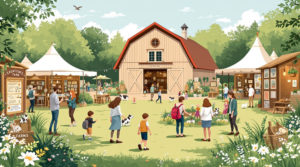 A vibrant educational farm exhibition in Geneva, featuring families exploring interactive displays and children engaging with animals. Parents in stylish casual outfits discuss activities amidst greenery and rustic farm elements. An elegant barn and exhibition tents are visible in the background, creating a charming atmosphere for