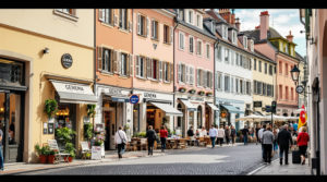 Street view of a Geneva neighborhood featuring charming pastel façades and local shops, with a lively market scene. Earthy tones in the architecture represent the vibrant everyday life of residents, highlighting the welcoming atmosphere of Geneva neighborhoods for expats.