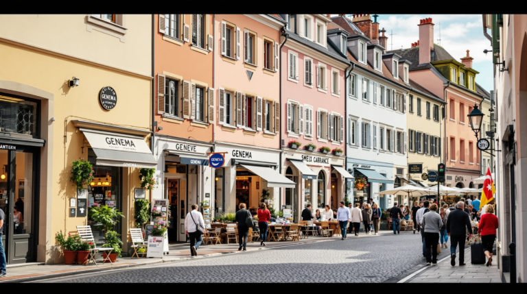 Street view of a Geneva neighborhood featuring charming pastel façades and local shops, with a lively market scene. Earthy tones in the architecture represent the vibrant everyday life of residents, highlighting the welcoming atmosphere of Geneva neighborhoods for expats.