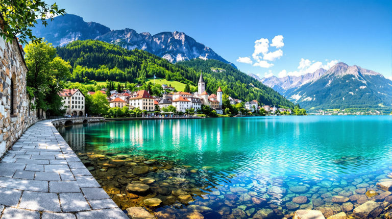 Panoramic view of a tranquil lakeside trail near Geneva, featuring bright blue waters reflecting lush green mountains and a quaint medieval village. The clear daylight showcases the warm stone textures of the village buildings, creating a peaceful atmosphere, ideal for lake hikes near