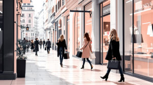 Stylish individuals browse high-end boutiques in a luxurious Geneva shopping scene, set against a bright urban background. The image features elegant contrasts of soft pastels and black and white, showcasing fashionable characters with designer shopping bags. This modern and sophisticated atmosphere highlights the