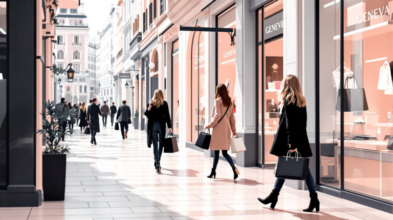 Stylish individuals browse high-end boutiques in a luxurious Geneva shopping scene, set against a bright urban background. The image features elegant contrasts of soft pastels and black and white, showcasing fashionable characters with designer shopping bags. This modern and sophisticated atmosphere highlights the