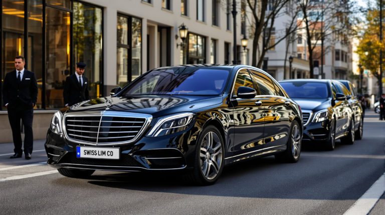 A fleet of 2024 black Mercedes S-Class vehicles with 'SWISS LIM CO' license plates parked on a discreet urban road in Geneva, accompanied by elegantly dressed chauffeurs in suits. The scene emphasizes a professional and refined atmosphere, illustrating luxury airport