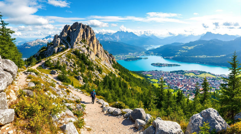 Panoramic view of a scenic hiking trail leading to a mountain summit near Geneva, surrounded by lush green forests and clear blue skies. The image features distant views of a sparkling lake and charming medieval villages nestled in the valleys. The rich natural tones highlight