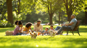 A sunny park scene with a diverse family enjoying a picnic on green grass. Children are playing and a happy dog runs around while a pet owner relaxes on a bench. Gentle sunlight filters through the trees, creating a warm atmosphere. Featuring pet friendly parks