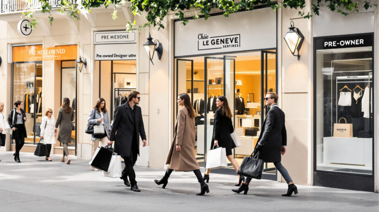 Chic street scene in Geneva with elegantly dressed individuals carrying stylish shopping bags, surrounded by upscale boutique façades showcasing pre-owned luxury items. The atmosphere is bright and clean, with soft pastel colors and modern black and white contrasts, reflecting a sophisticated, high