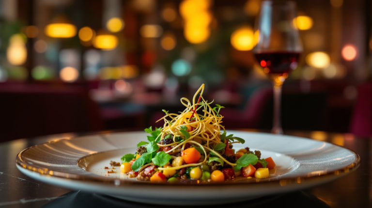 Close-up of a gourmet dish showcasing vibrant seasonal ingredients, elegantly plated against a sophisticated restaurant interior with warm burgundy and deep green tones. The shallow depth of field highlights the textures and luxurious presentation, evoking the inviting atmosphere of high-end restaurants in Geneva