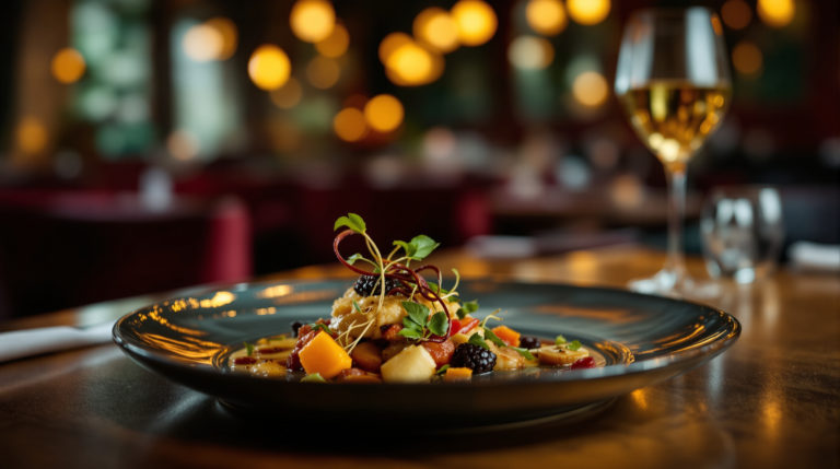 A close-up of an elegantly arranged gourmet dish on a fine dining plate, showcasing rich textures and intricate presentation. The background features a luxurious restaurant interior with warm burgundy, gold, and deep green tones, providing a moody atmosphere. This scene captures