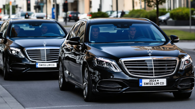 A professional scene in Geneva featuring sleek black Mercedes S-Class vehicles with 'SWISS LIM CO' on the white license plates, driven by chauffeurs in black suits. The cars are prominently displayed on the road against a subtle urban background, reflecting an atmosphere