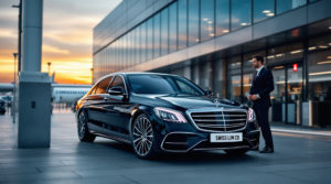 A sleek 2024 black Mercedes S-Class is parked at the Geneva airport terminal, featuring a white license plate that reads 'SWISS LIM CO.' A professional chauffeur in a tailored suit stands beside the car, embodying luxury transport. The scene captures