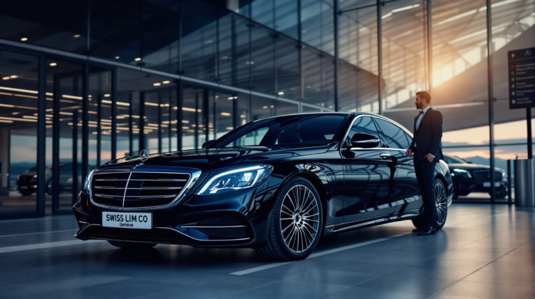 A black 2024 Mercedes S-Class parked at the Geneva airport terminal, with a chauffeur in a crisp suit standing beside it. The car features a white license plate reading 'SWISS LIM CO'. The sophisticated backdrop reflects cool tones of midnight blue and