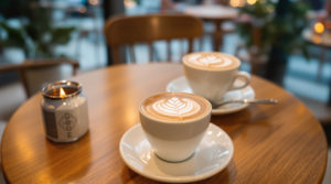 Cozy interior of a Geneva café with warm lighting and natural wood accents. High-end travelers and locals enjoy specialty coffee with intricate latte art. The urban chic atmosphere features an inviting terrace area, making it a perfect work spot with free wifi for remote workers