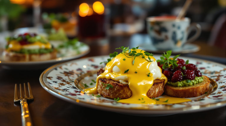 Close-up of an elegant brunch plate featuring eggs Benedict with hollandaise sauce, avocado toast topped with microgreens, and a vibrant seasonal fruit compote, all on fine china. The setting has warm burgundy, gold, and deep green tones,
