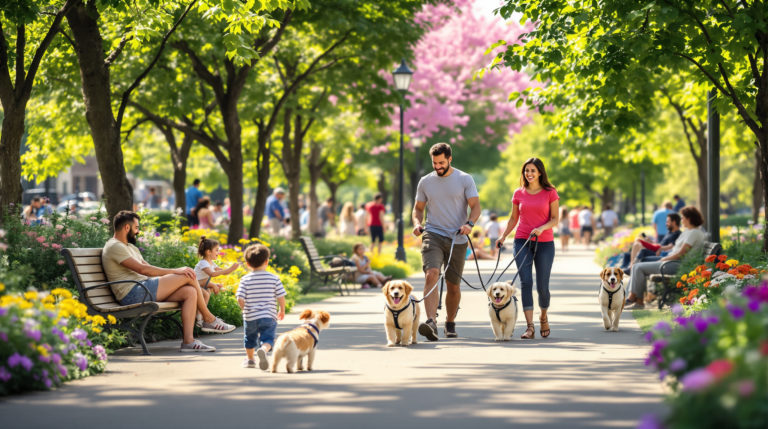 A vibrant park scene showing diverse families enjoying a sunny afternoon. Children play while parents relax on benches. Pet owners walk friendly dogs along accessible stroller paths, surrounded by lush green trees and colorful flowers. The atmosphere is cheerful and inclusive, reflecting moments of connection