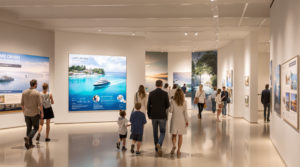 A contemporary museum in Geneva features a family engaging with a vibrant water-themed exhibition. Stylishly dressed visitors stroll through the gallery, surrounded by striking art pieces and educational displays about family lake cruises in Geneva. The calm atmosphere is enhanced by soft neutral tones and