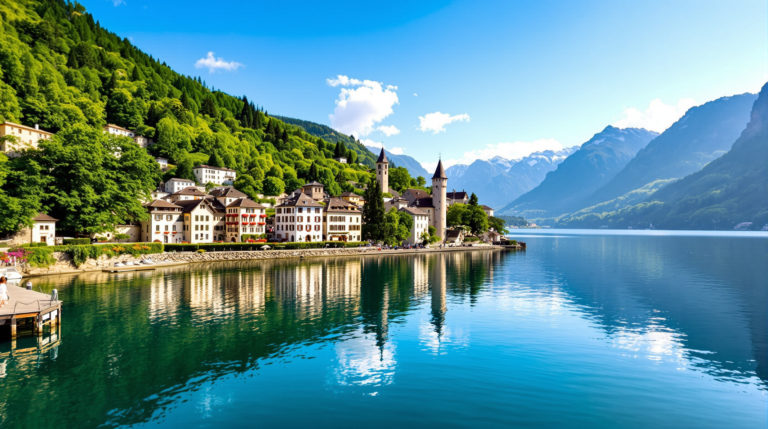 Panoramic view of Lake Geneva surrounded by green hills under a clear blue sky. A charming medieval village with warm stone buildings and colorful flower boxes sits along the shore. A peaceful hiking trail invites exploration of the serene landscape, highlighting flat hikes near Geneva
