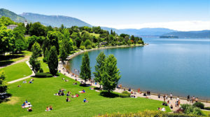 Wide-angle view of Lake Geneva with lush parks, people picnicking on green lawns, families strolling along the lakeside, and friends hiking scenic trails under a clear blue sky, showcasing leisure and tranquility, ideal for those seeking free outdoor events in Geneva