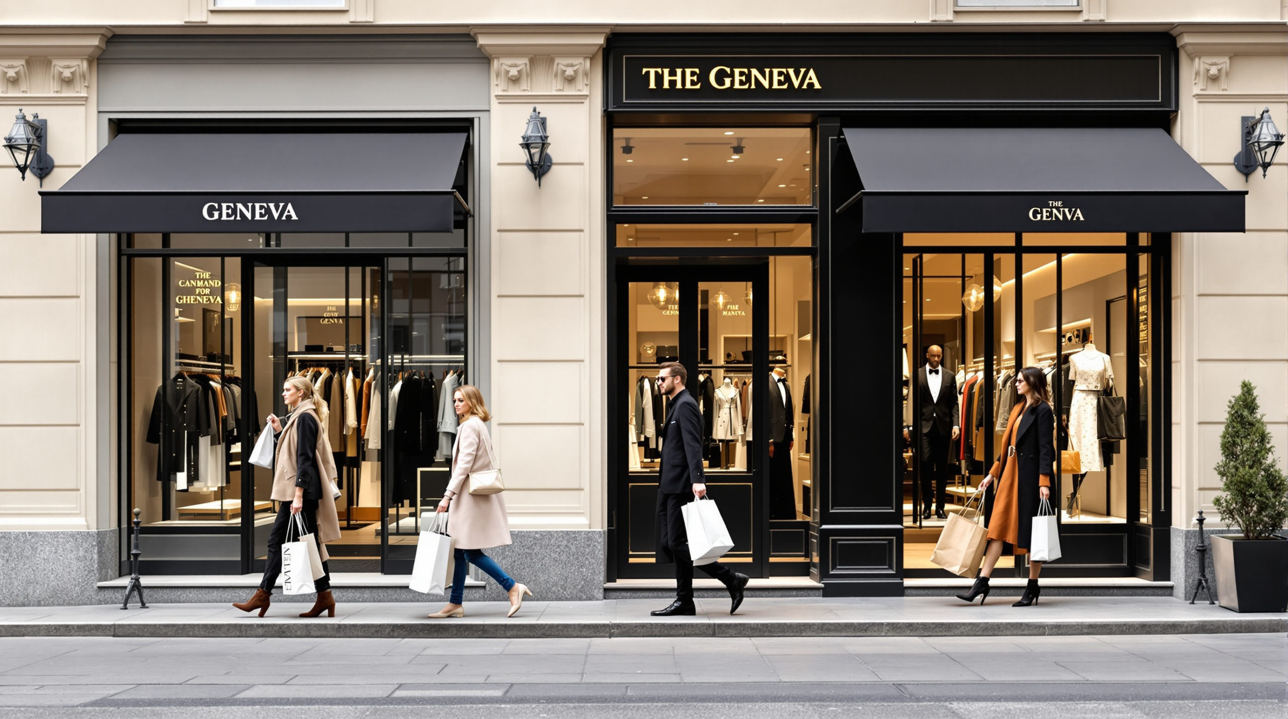 A luxury shopping scene in Geneva featuring stylish individuals carrying shopping bags in front of elegant boutique façades. The setting showcases a clean urban background with soft pastel colors and modern contrasts of beige, black, and white. The image captures the sophisticated mood of exploring